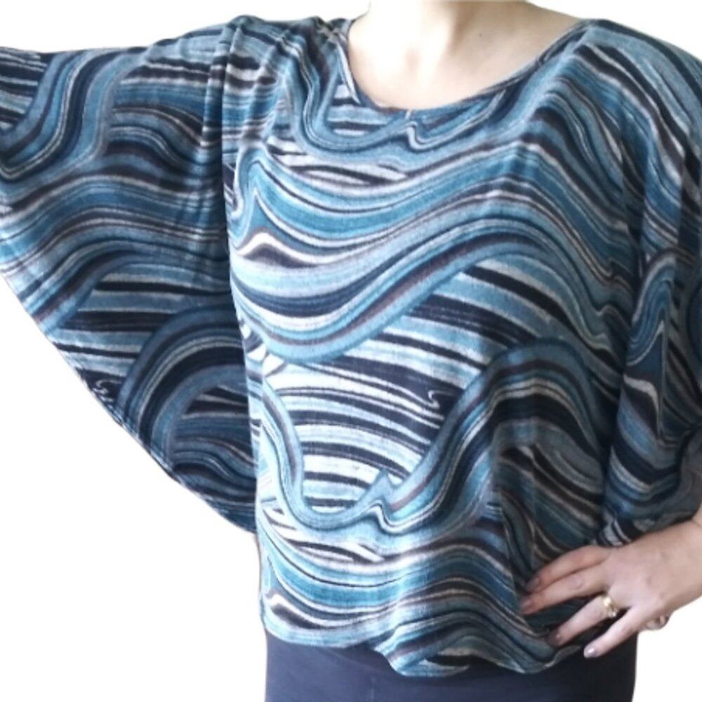Y2K, 90's New Directions Top Batwing - M - Blue/Gray/Black Swirls and Stripes